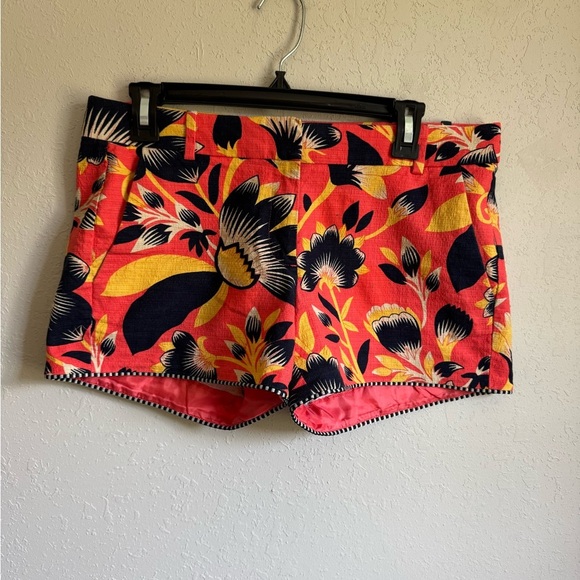 J Crew Coral Navy Floral Cotton Blend Shorts Womens 6 Summer Beach Coastal - Picture 1 of 6
